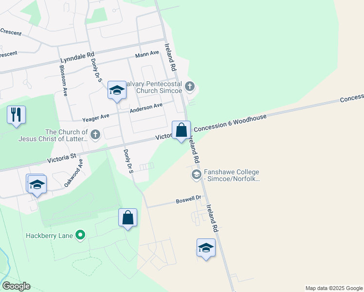 map of restaurants, bars, coffee shops, grocery stores, and more near 620 Ireland Road in Simcoe