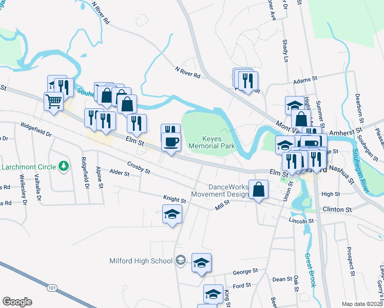 map of restaurants, bars, coffee shops, grocery stores, and more near 95 Elm Street in Milford