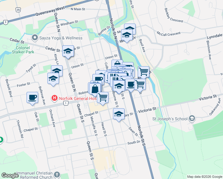 map of restaurants, bars, coffee shops, grocery stores, and more near 17 Talbot Street North in Simcoe