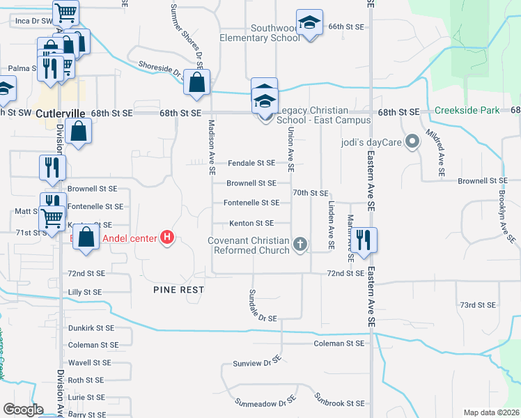 map of restaurants, bars, coffee shops, grocery stores, and more near 507 Fontenelle Street Southeast in Grand Rapids