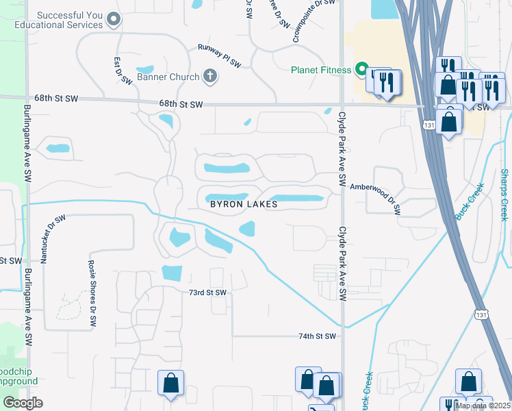 map of restaurants, bars, coffee shops, grocery stores, and more near 1036 Bayshore Drive Southwest in Byron Center
