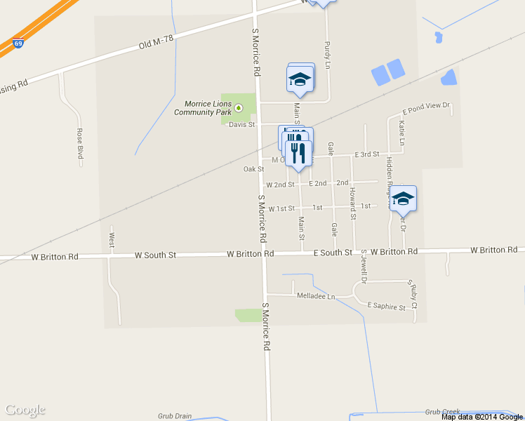 map of restaurants, bars, coffee shops, grocery stores, and more near 104 South Morrice Road in Morrice