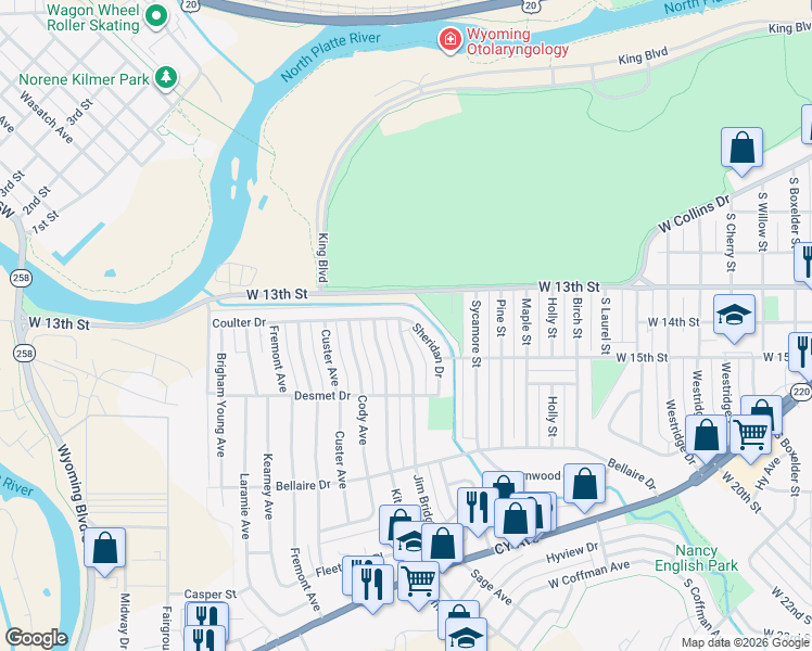 map of restaurants, bars, coffee shops, grocery stores, and more near 1327 Sheridan Drive in Casper