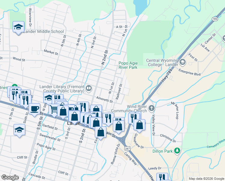 map of restaurants, bars, coffee shops, grocery stores, and more near 450 North 2nd Street in Lander