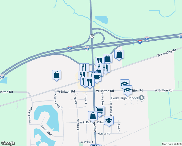 map of restaurants, bars, coffee shops, grocery stores, and more near 10966 South Michigan 52 in Perry