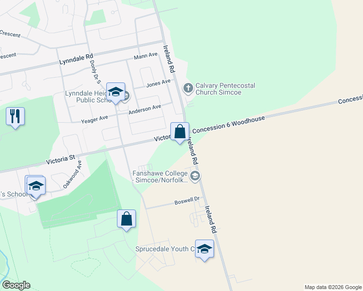 map of restaurants, bars, coffee shops, grocery stores, and more near 620 Ireland Road in Simcoe