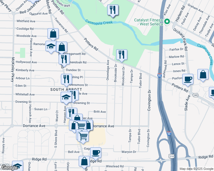 map of restaurants, bars, coffee shops, grocery stores, and more near 169 Densmore Street in Buffalo