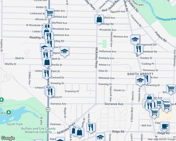 map of restaurants, bars, coffee shops, grocery stores, and more near 655 Marilla Street in Buffalo