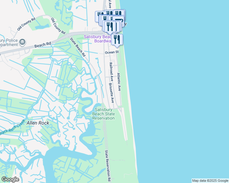 map of restaurants, bars, coffee shops, grocery stores, and more near 92 Atlantic Avenue in Salisbury