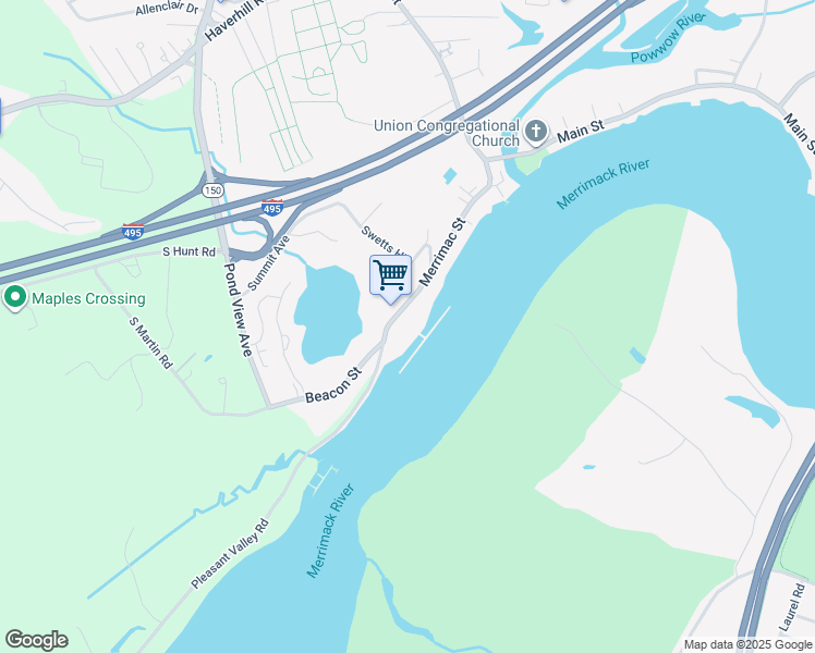 map of restaurants, bars, coffee shops, grocery stores, and more near 60 Merrimac Street in Amesbury