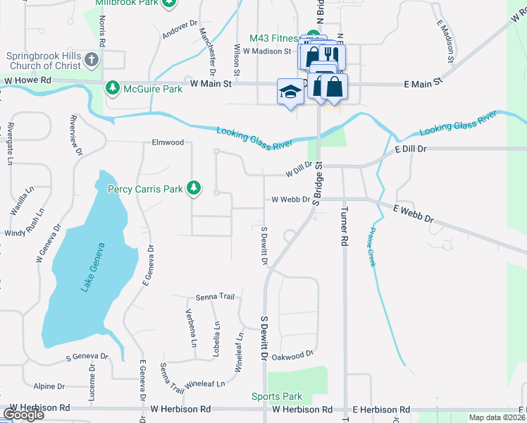 map of restaurants, bars, coffee shops, grocery stores, and more near 510 Cedarwood Street in DeWitt