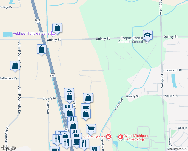 map of restaurants, bars, coffee shops, grocery stores, and more near 12501 Greenly Street in Holland