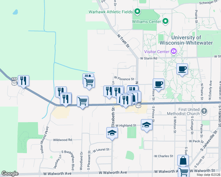 map of restaurants, bars, coffee shops, grocery stores, and more near 1212 West Yoder Lane in Whitewater