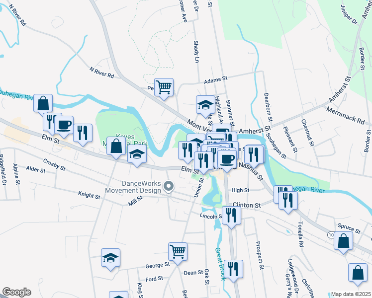 map of restaurants, bars, coffee shops, grocery stores, and more near 9 Elm Street in Milford