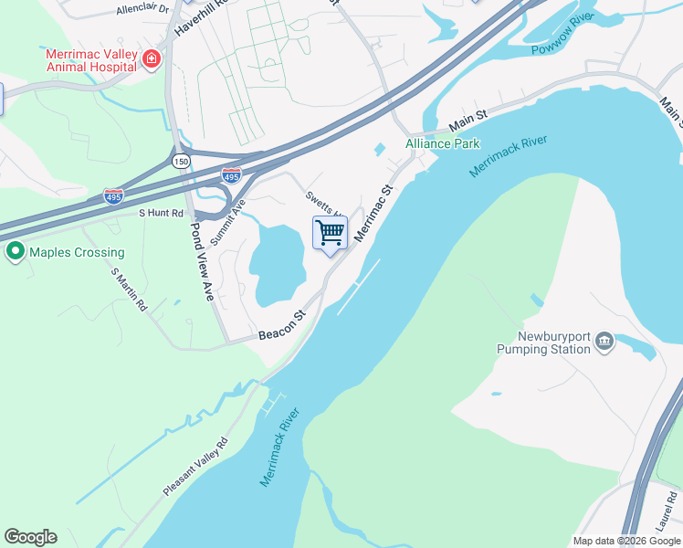 map of restaurants, bars, coffee shops, grocery stores, and more near 60 Merrimac Street in Amesbury