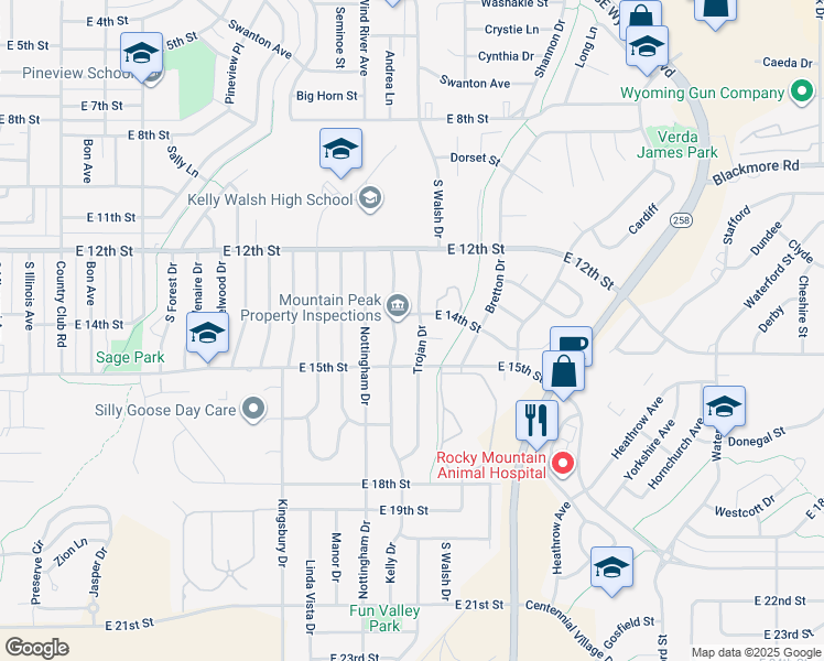 map of restaurants, bars, coffee shops, grocery stores, and more near 1400-1456 Trojan Dr in Casper