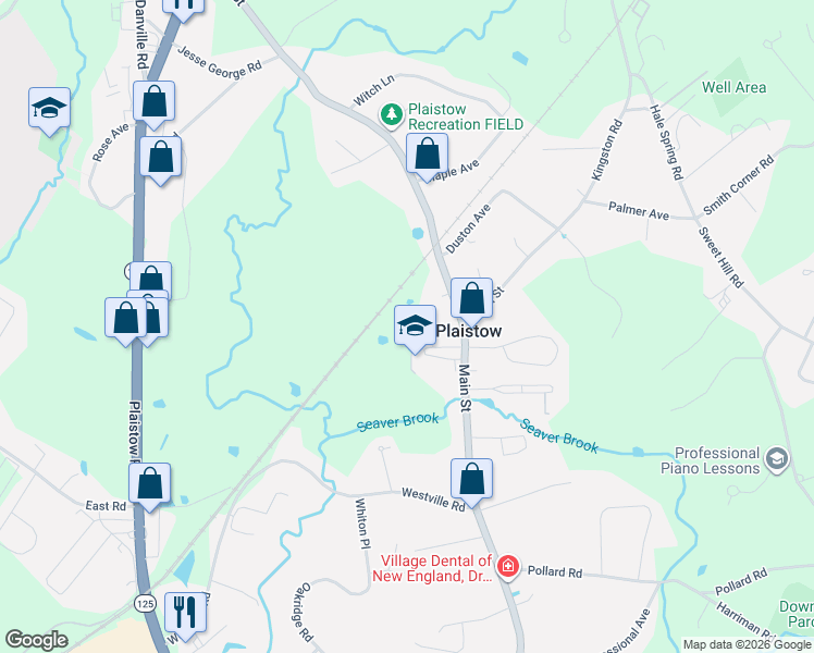 map of restaurants, bars, coffee shops, grocery stores, and more near 130 Main Street in Plaistow