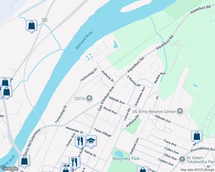 map of restaurants, bars, coffee shops, grocery stores, and more near 36 Northend Drive in Schenectady