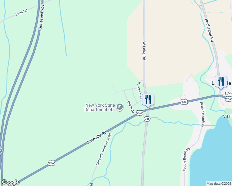 map of restaurants, bars, coffee shops, grocery stores, and more near 3455 Thorpe Drive in Geneseo