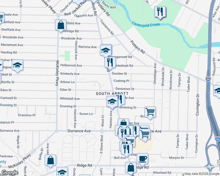 map of restaurants, bars, coffee shops, grocery stores, and more near 1002 Abbott Road in Buffalo