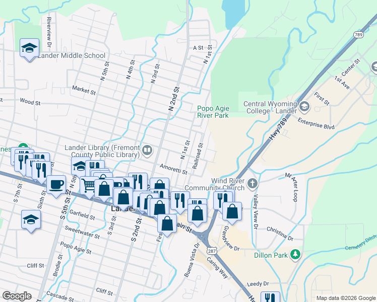 map of restaurants, bars, coffee shops, grocery stores, and more near 450 North 2nd Street in Lander