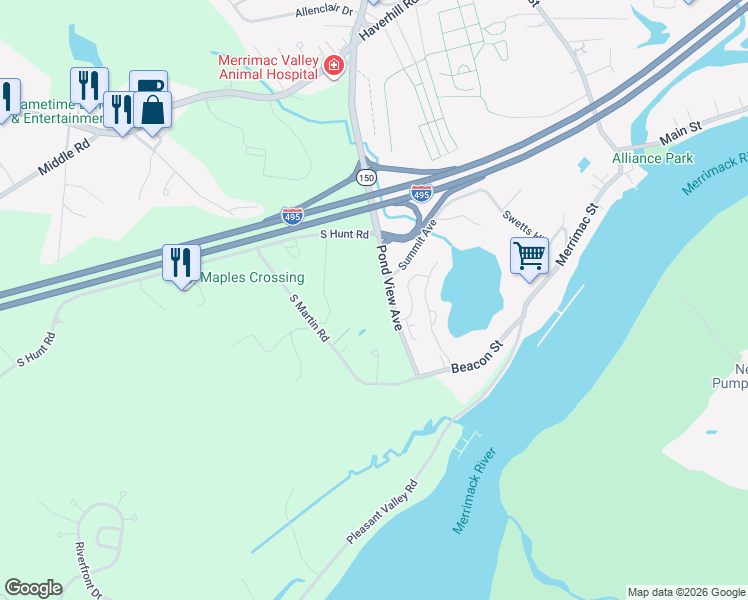 map of restaurants, bars, coffee shops, grocery stores, and more near 47 Massachusetts 150 in Amesbury