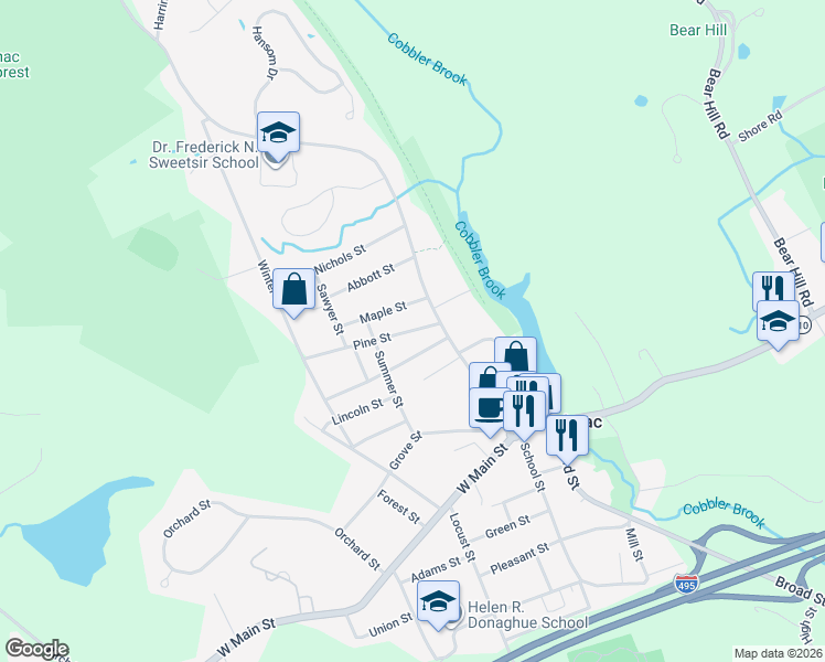 map of restaurants, bars, coffee shops, grocery stores, and more near 16 Pine Street in Merrimac