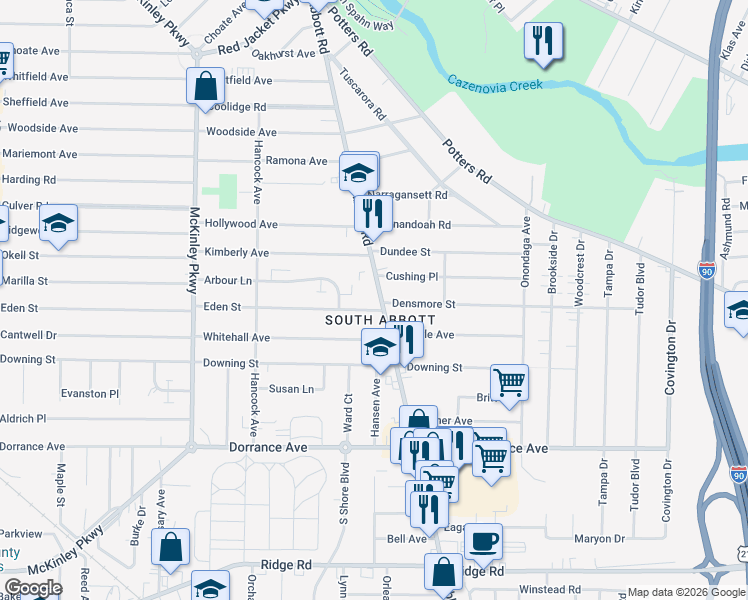 map of restaurants, bars, coffee shops, grocery stores, and more near 1002 Abbott Road in Buffalo