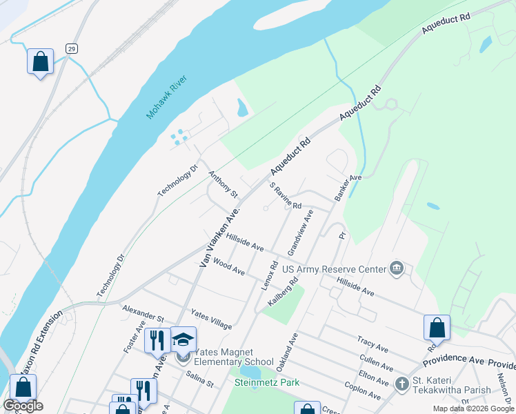 map of restaurants, bars, coffee shops, grocery stores, and more near 16 Napa Court in Schenectady