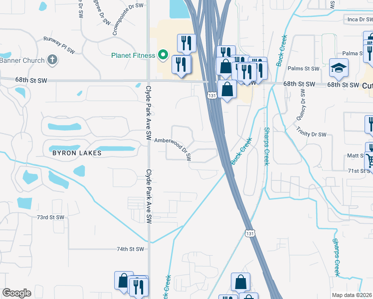 map of restaurants, bars, coffee shops, grocery stores, and more near 661 Amberwood Drive Southwest in Byron Center