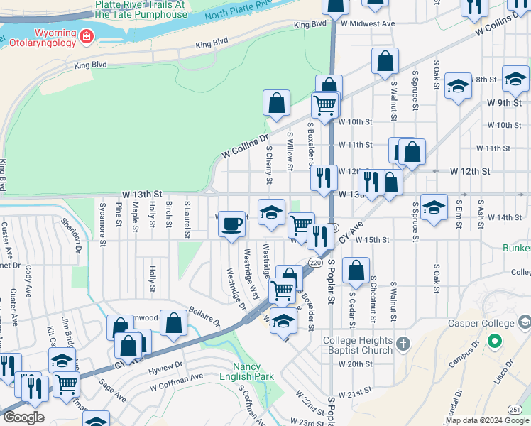 map of restaurants, bars, coffee shops, grocery stores, and more near 1340 South Cherry Street in Casper