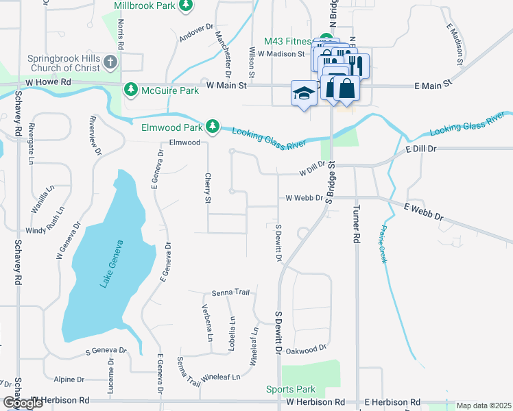 map of restaurants, bars, coffee shops, grocery stores, and more near 510 Cedarwood Street in DeWitt