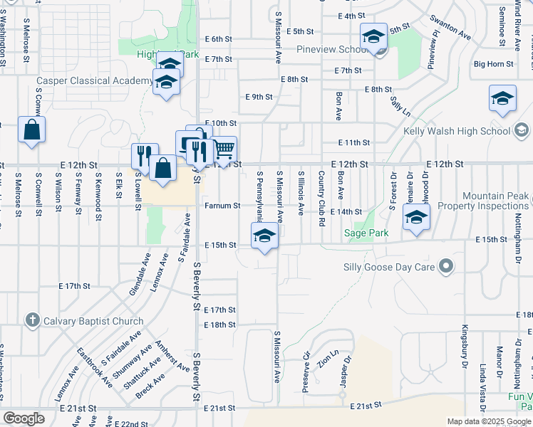 map of restaurants, bars, coffee shops, grocery stores, and more near 2537 Farnum Street in Casper