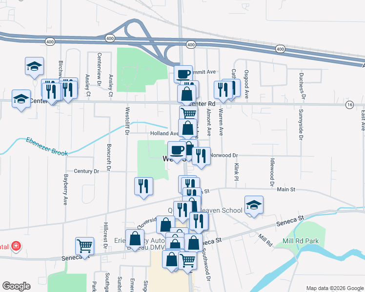 map of restaurants, bars, coffee shops, grocery stores, and more near 1350 Union Road in West Seneca