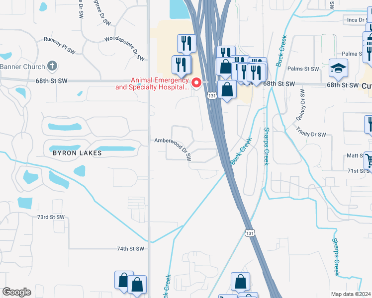 map of restaurants, bars, coffee shops, grocery stores, and more near 661 Amberwood Drive Southwest in Byron Center