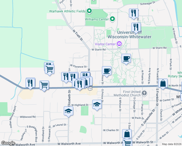map of restaurants, bars, coffee shops, grocery stores, and more near 165 North Tratt Street in Whitewater