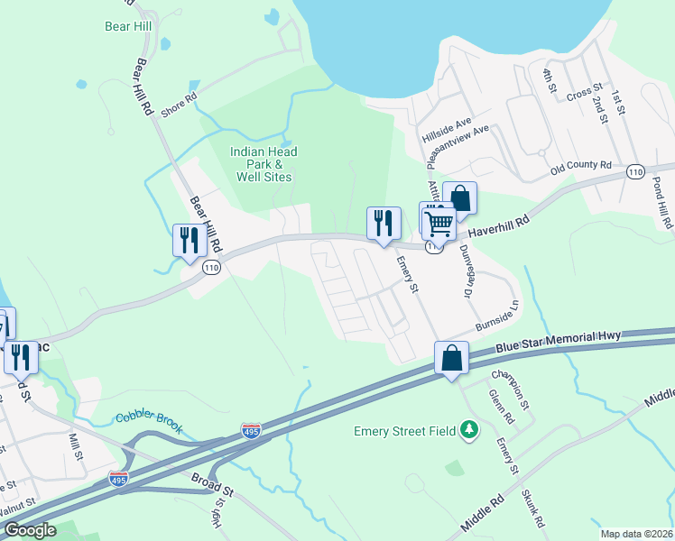 map of restaurants, bars, coffee shops, grocery stores, and more near 19 2nd Avenue in Merrimac