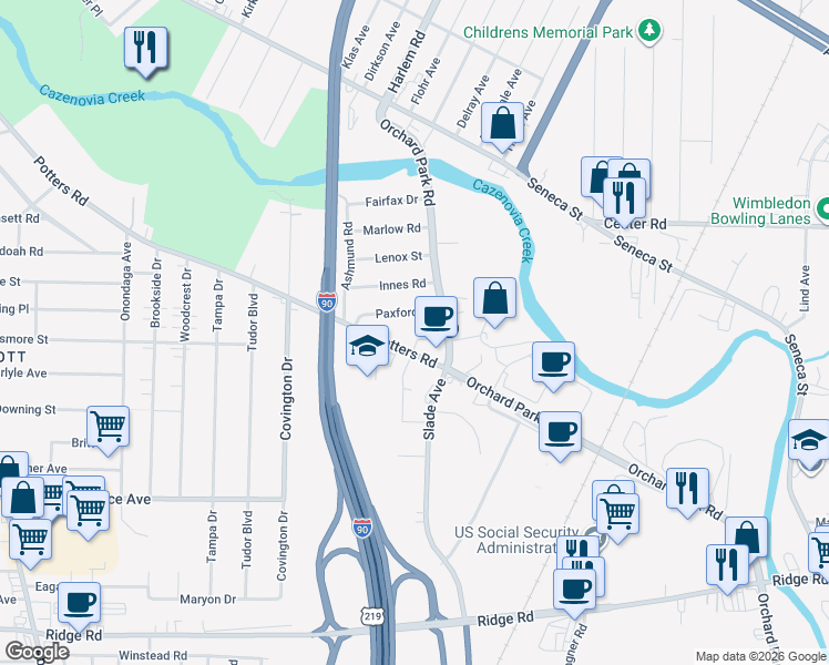 map of restaurants, bars, coffee shops, grocery stores, and more near 231 Orchard Park Road in Buffalo
