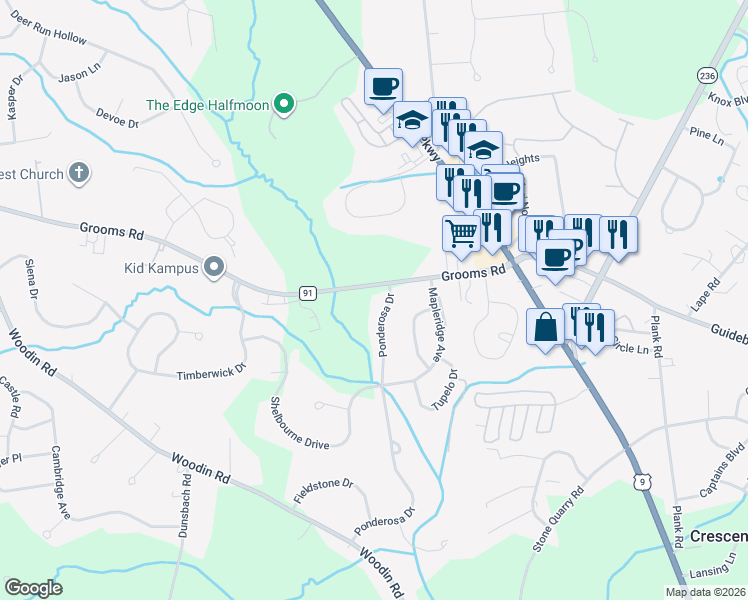 map of restaurants, bars, coffee shops, grocery stores, and more near 2 Ponderosa Drive in Saratoga County