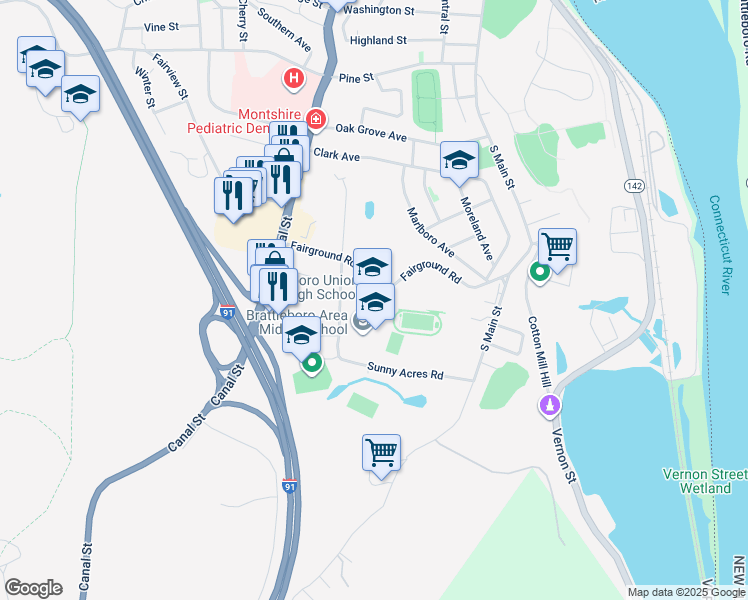 map of restaurants, bars, coffee shops, grocery stores, and more near 131 Fairground Road in Brattleboro