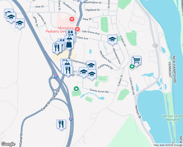 map of restaurants, bars, coffee shops, grocery stores, and more near 131 Fairground Road in Brattleboro