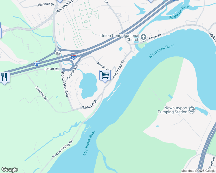 map of restaurants, bars, coffee shops, grocery stores, and more near 60 Merrimac Street in Amesbury