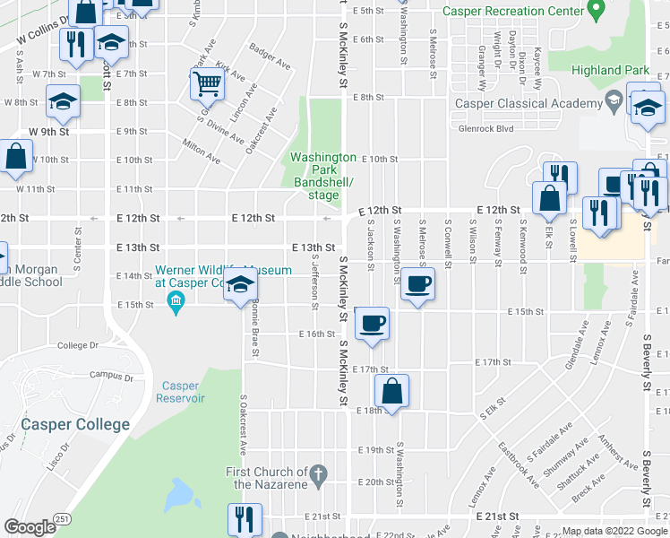 map of restaurants, bars, coffee shops, grocery stores, and more near 934 East 14th Street in Casper