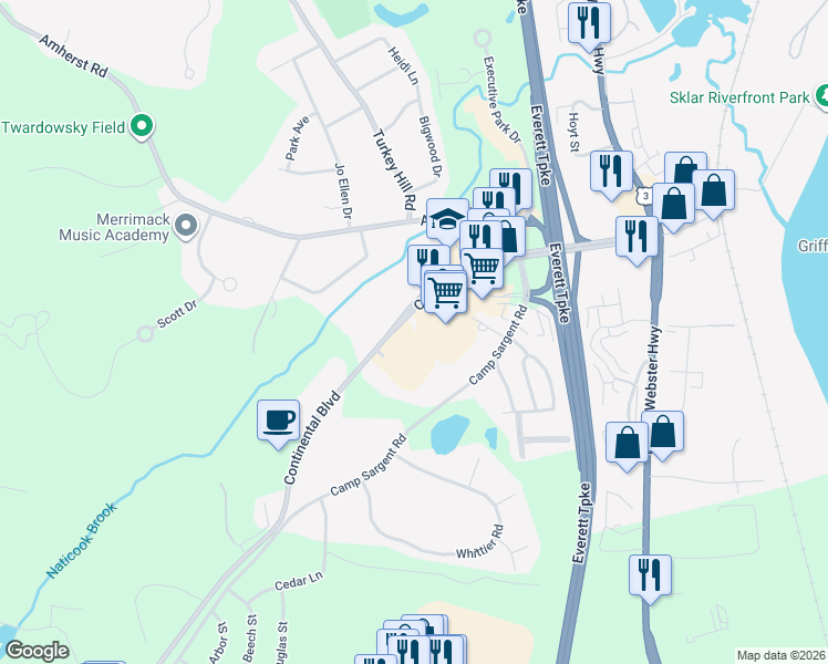 map of restaurants, bars, coffee shops, grocery stores, and more near 11 Continental Boulevard in Merrimack