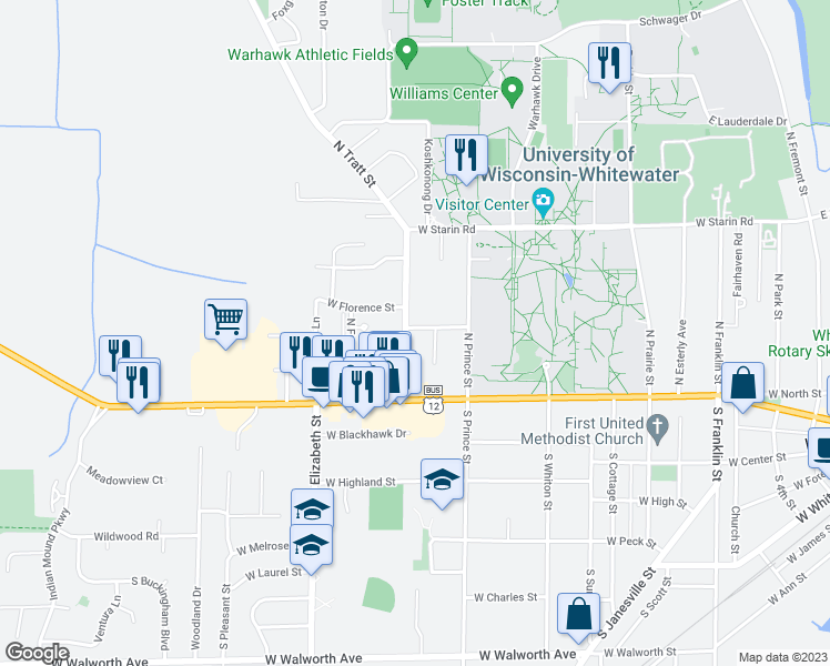 map of restaurants, bars, coffee shops, grocery stores, and more near 165 North Tratt Street in Whitewater