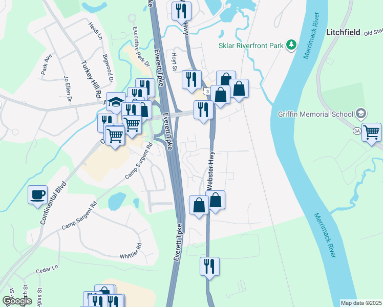 map of restaurants, bars, coffee shops, grocery stores, and more near 5 Turnbuckle Lane in Merrimack