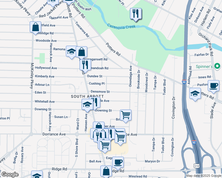 map of restaurants, bars, coffee shops, grocery stores, and more near 87 Cushing Place in Buffalo