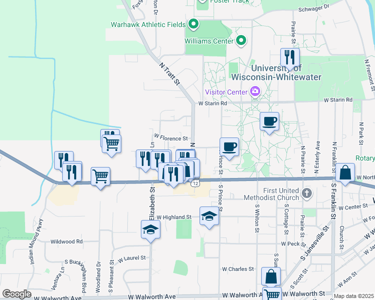 map of restaurants, bars, coffee shops, grocery stores, and more near 181 North Fraternity Lane in Whitewater