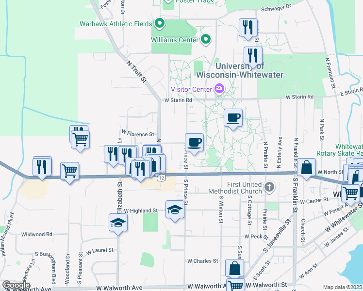 map of restaurants, bars, coffee shops, grocery stores, and more near 166 N Prince St in Whitewater