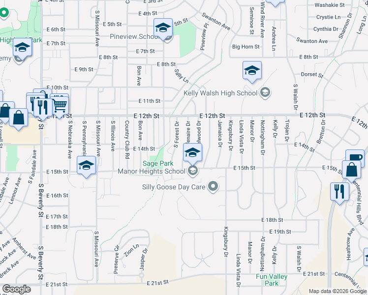 map of restaurants, bars, coffee shops, grocery stores, and more near 1380 Glenaire Drive in Casper